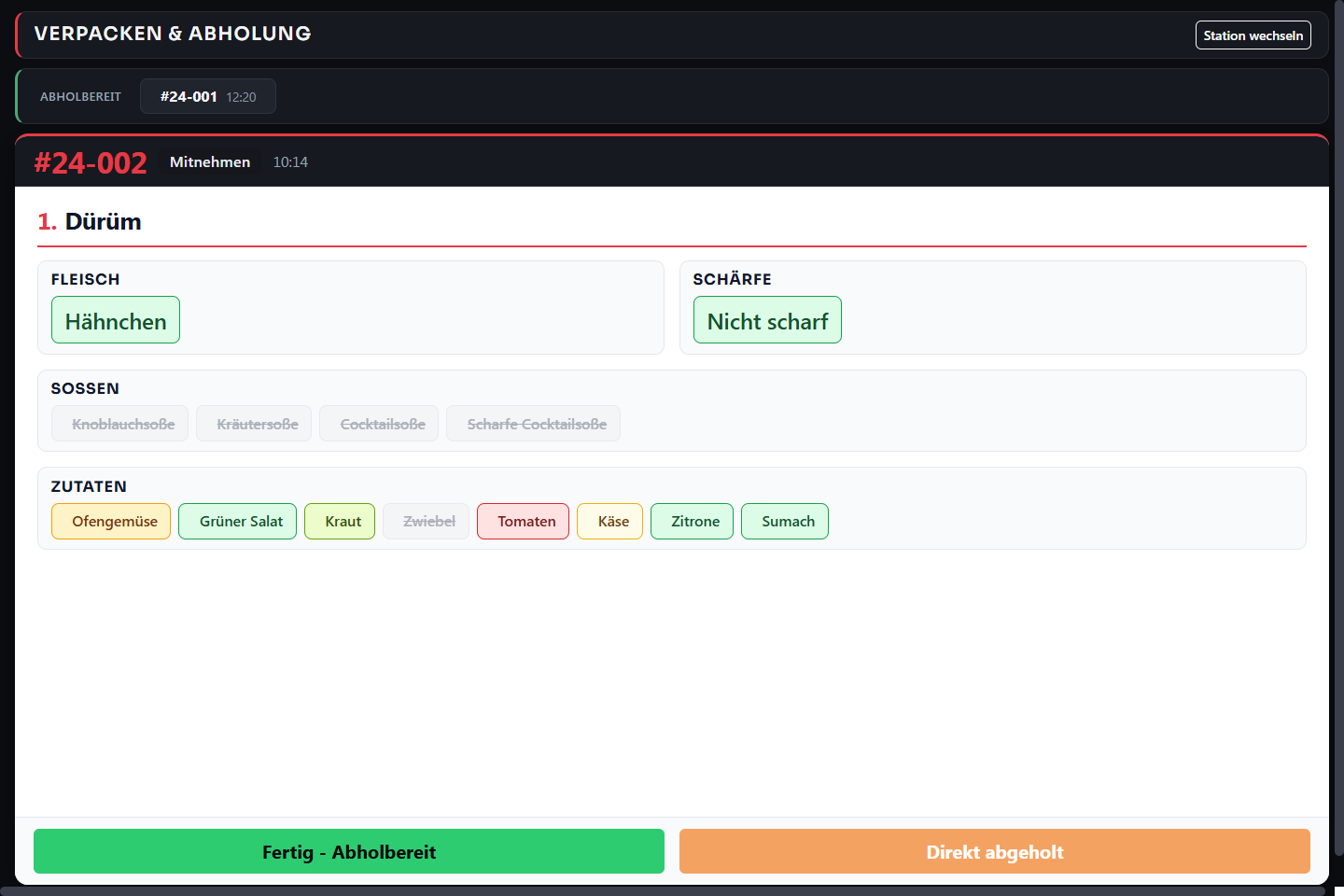 Stationsdashboard Verpacken & Abholung: vollständige Bestellübersicht mit Fertig-Abholbereit-Button